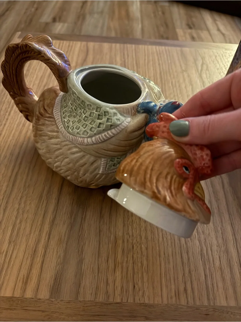 Fitz and Floyd Rooster Teapot in Red, Blue, Cream and Brown